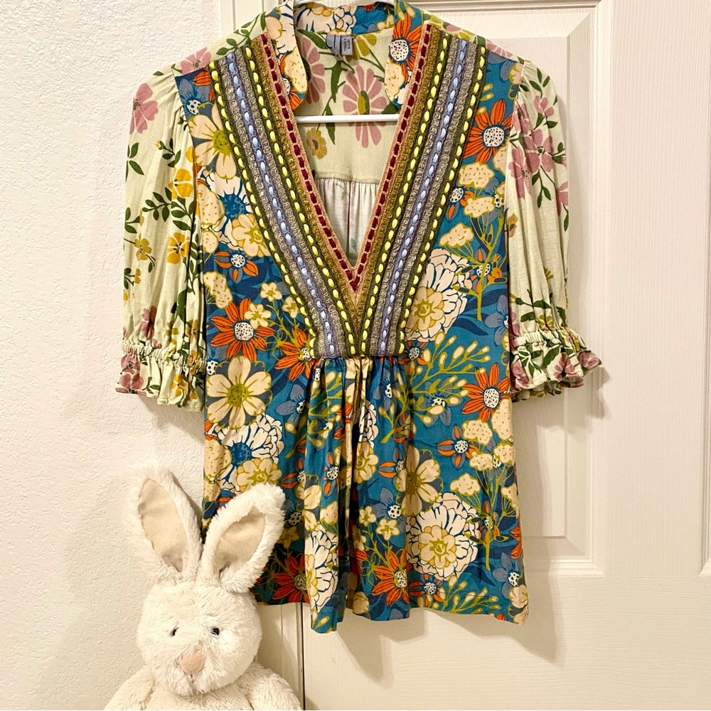 Anthropologie Blank London Vibrant Floral V-Neck Blouse
